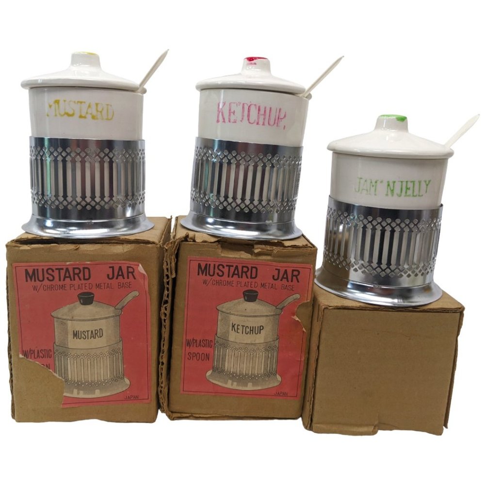 Kitchen King Condiment Jar Set Jam Ketchup Mustard Chrome Stand Vtg Retro Japan